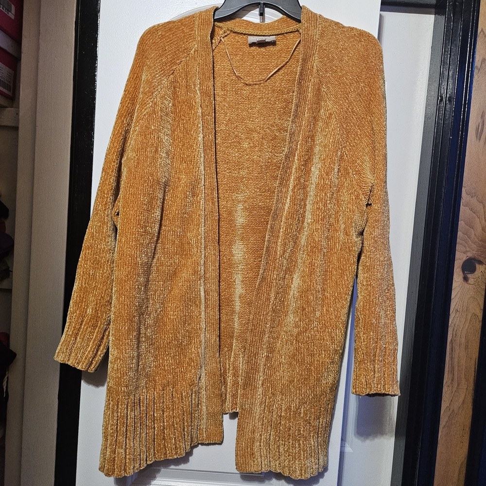 LOFT Women's chenille soft Cardigan in Mustard Yellow
